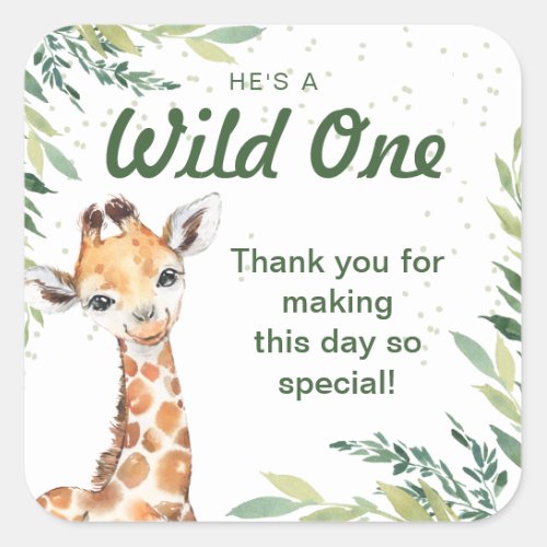 Safari Jungle Giraffe Wild One 1st Birthday Party Square Sticker
