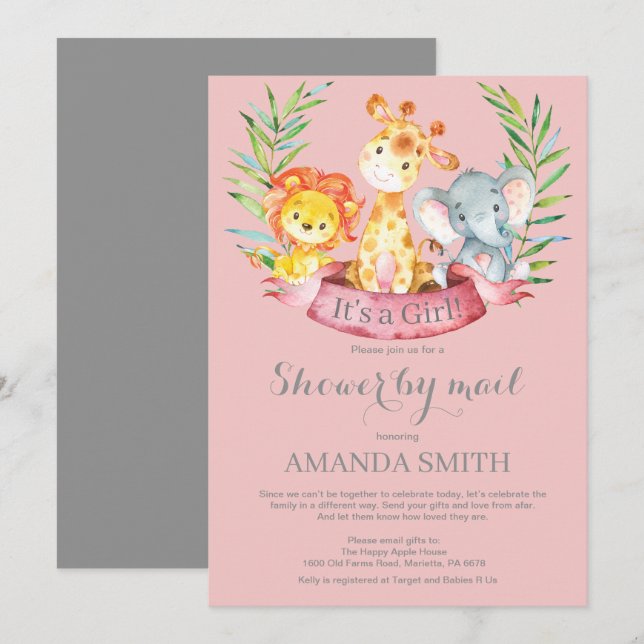 Safari Jungle Girl Baby Shower by Mail Invitation (Front/Back)