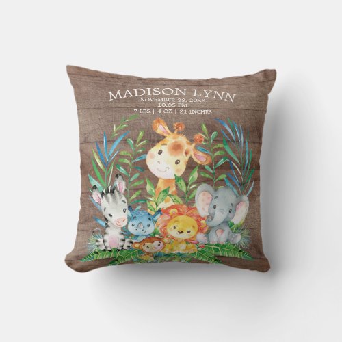 Safari Jungle Girl Boy Birth Stats Pillow