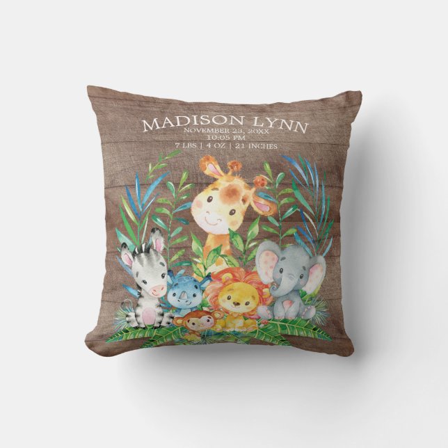 Safari Jungle Girl Boy Birth Stats Pillow (Front)