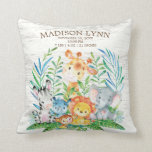 Safari Jungle Girl Boy Birth Stats Pillow<br><div class="desc">Cute safari jungle animals featuring a zebra,  hippo,  elephant,  lion,  monkey & giraffe with an assortment of jungle leaves set on a white wood background.  Visit our shop to view our entire jungle safari baby shower collection!</div>