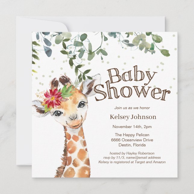 Safari Jungle Girl Giraffe Baby Shower Invitation (Front)