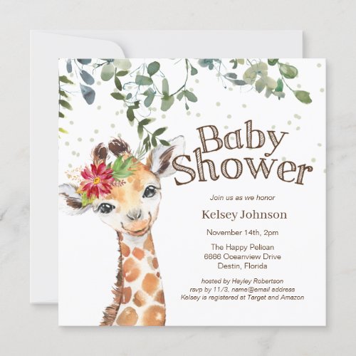 Safari Jungle Girl Giraffe Baby Shower Invitation