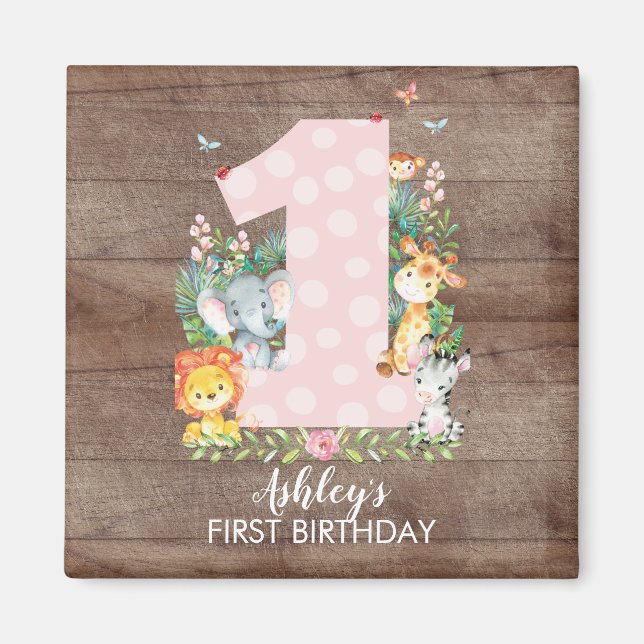 Safari Jungle Girls first Birthday Favor Magnet (Front)