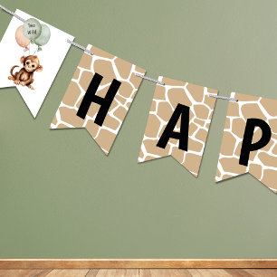Safari Jungle Monkey Watercolor Balloons Birthday Bunting Flags