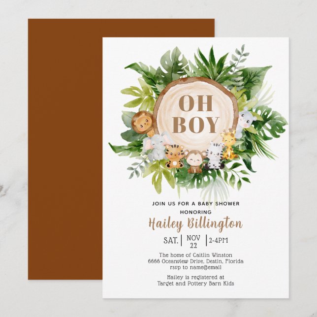 Safari Jungle Oh Boy Watercolor Baby Shower Invitation (Front/Back)