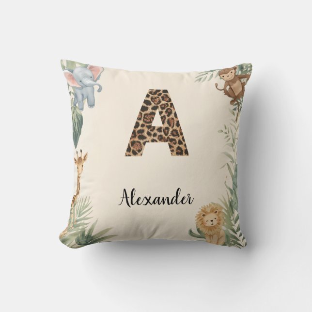 Safari Jungle Personalized Name Monogram A Nursery Throw Pillow (Front)