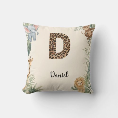 Safari Jungle Personalized Name Monogram D Nursery Throw Pillow