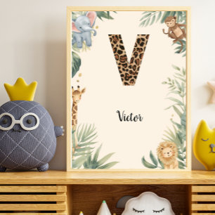 Safari Jungle Personalized Name Monogram V Nursery Poster