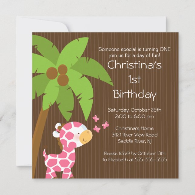 Safari Jungle Pink Giraffe Kid Birthday Party Invitation (Front)