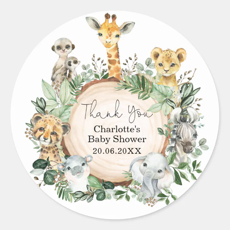 Safari Jungle Wild Animals Greenery Baby Shower Classic Round Sticker |  Zazzle