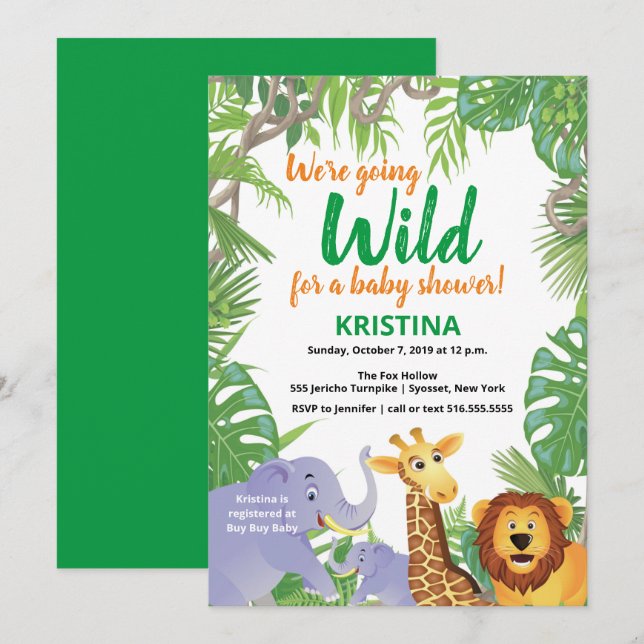 Safari Jungle Wild Animals Greenery Baby Shower Invitation (Front/Back)