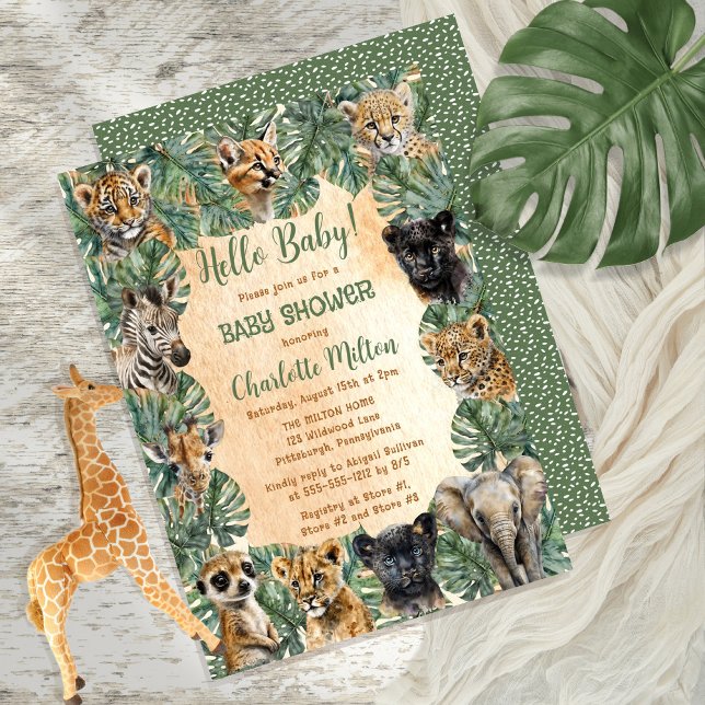 Safari Jungle Wild Animals Hello Baby Shower Invitation (Creator Uploaded)