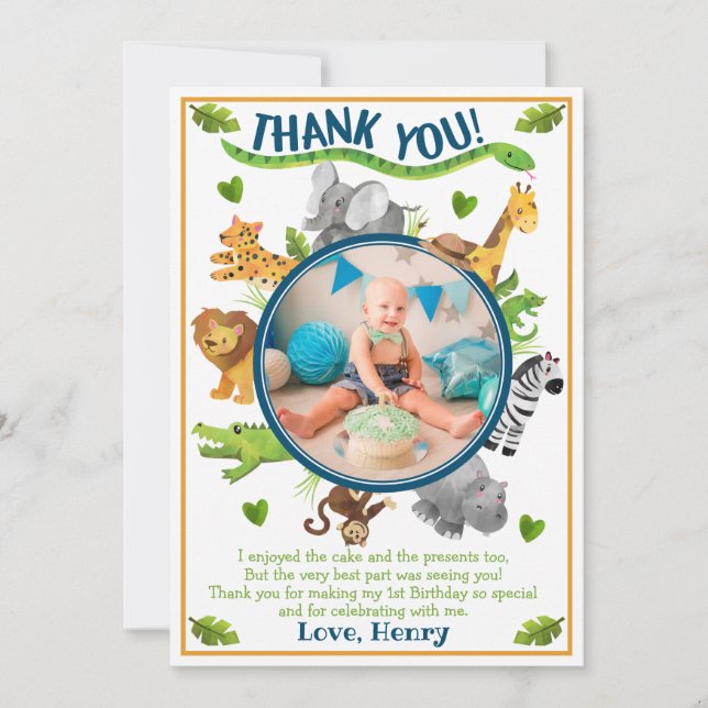 Safari Jungle Wild One Animals Thank You Card (Front)