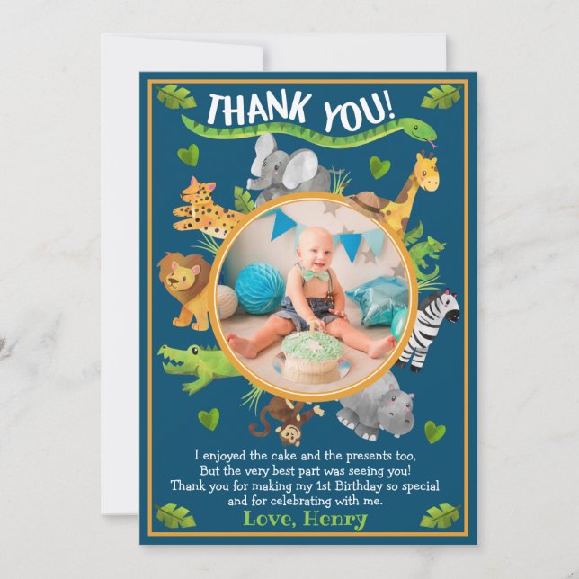 Safari Jungle Wild One Animals Thank You Card (Front)