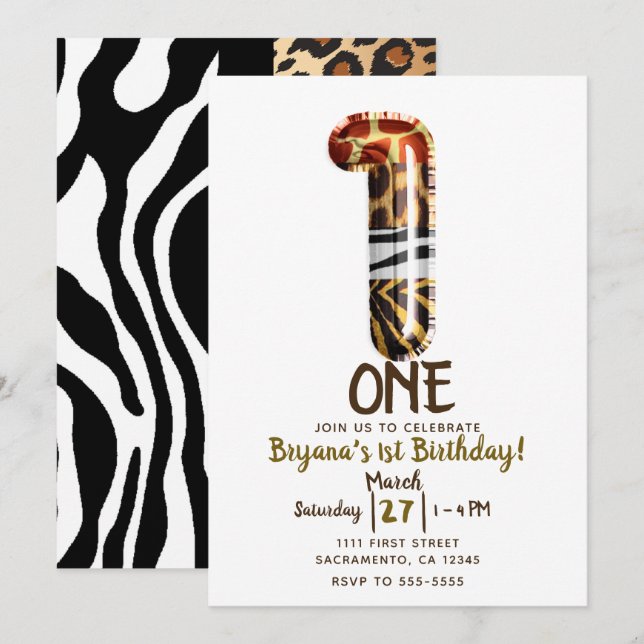 Safari Jungle Zebra Leopard ONE 1st Birthday Party Invitation (Front/Back)