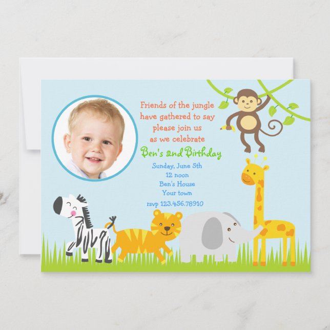 Safari Jungle Zoo Animals Birthday Invitations (Front)
