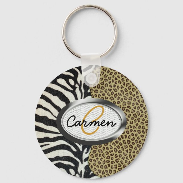 Safari Leopard and Zebra Print Monogram Keychain (Front)
