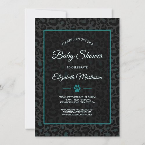 Safari Leopard Black Teal Animal Print Baby Shower Invitation