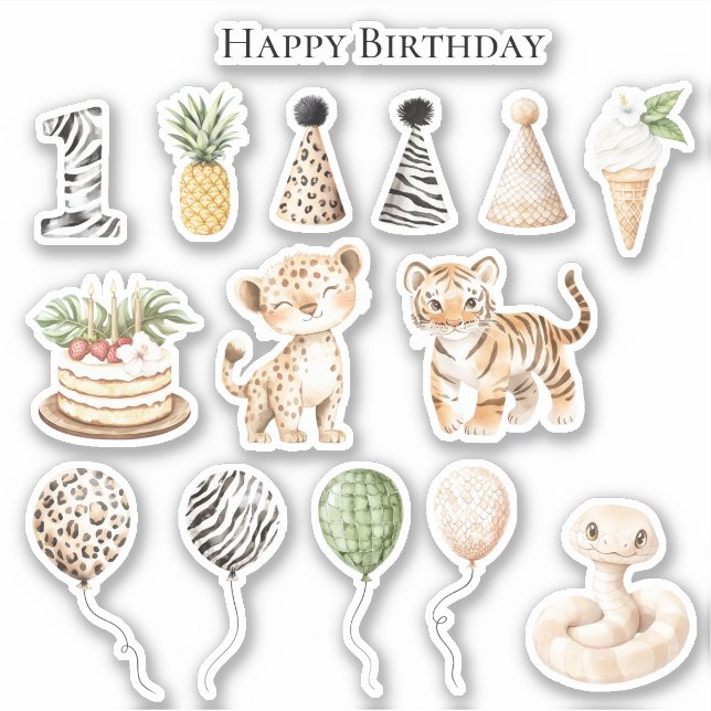 Safari Leopard Zebra Snake Birthday Sticker (Front)