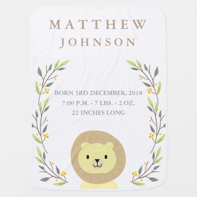 Safari Lion Birth Announcement Baby Blanket (Front)