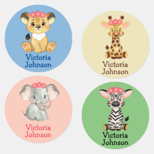 Safari Lion Giraffe Elephant Zebra Girl Name Kids' Labels