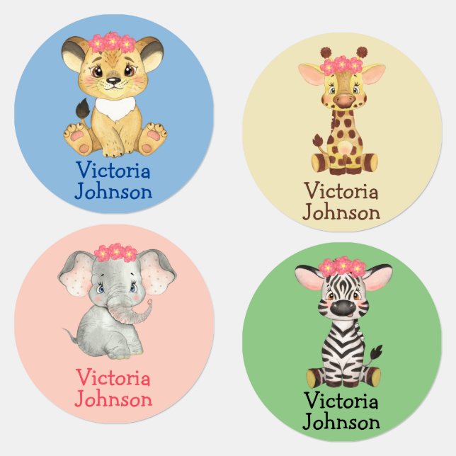 Safari Lion Giraffe Elephant Zebra Girl Name  Kids' Labels (Group)