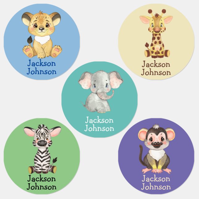 Safari Lion Giraffe Elephant Zebra Monkey Boy  Labels (Group)