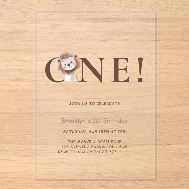 Safari Lion Themed with Photo 1st Birthday Acrylic Invitations (Front)