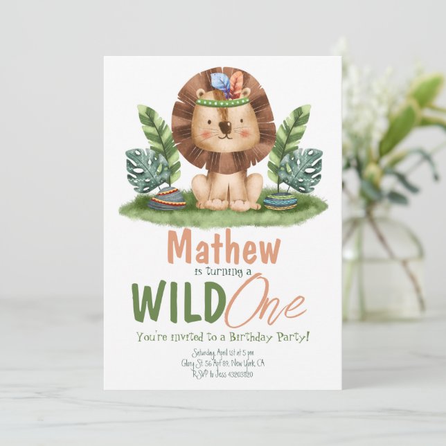 Safari Lion Tropical Wild One Boy Birthday Invitation (Standing Front)