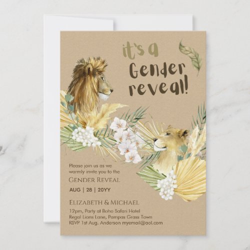 Safari Lions GENDER REVEAL Baby Shower Invitations