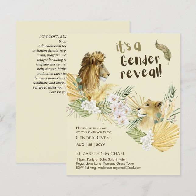 Safari Lions GENDER REVEAL Baby Shower Invitations (Front/Back)