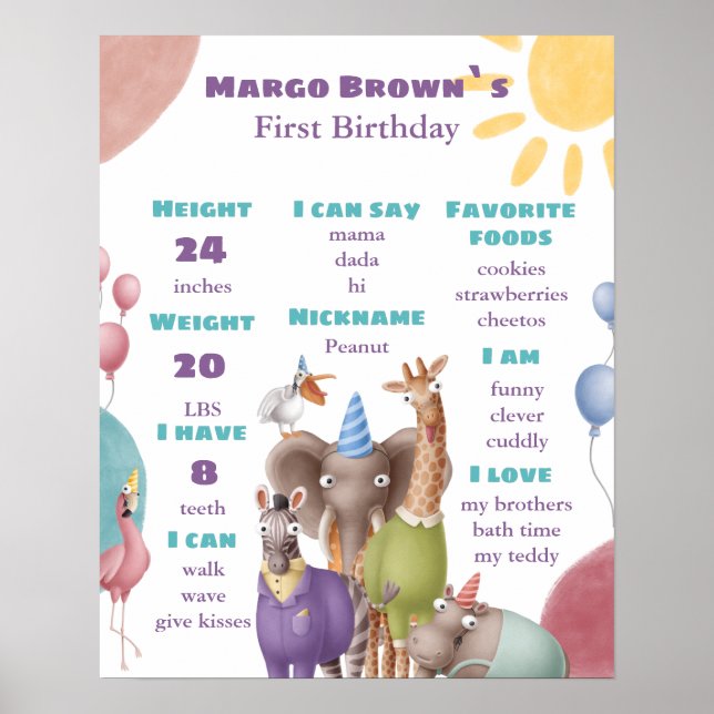 Safari Milestone First Birthday Board Poster (Front)