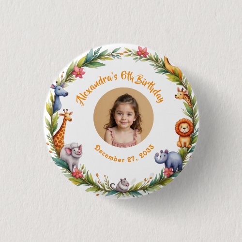 Safari Modern Kids Photo Pink Birthday Party Button
