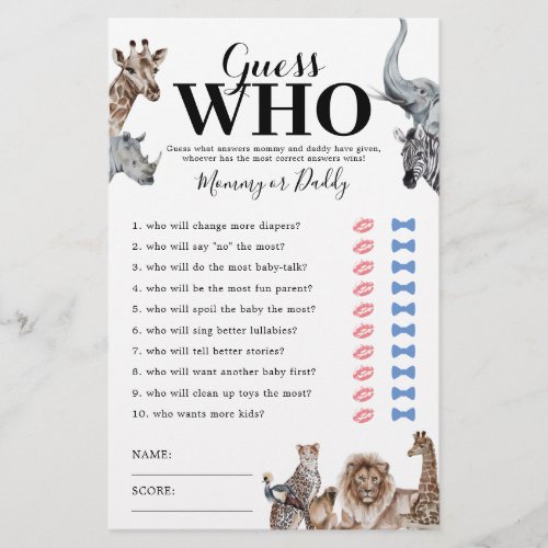 Safari Mommy or Daddy Baby Shower Game