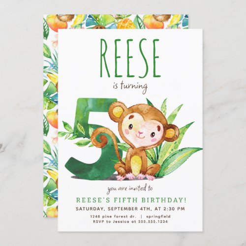 Safari Monkey Fifth Birthday Invitation