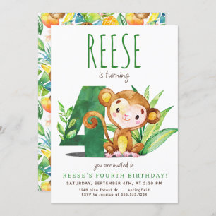 Safari Monkey Fourth Birthday Invitation