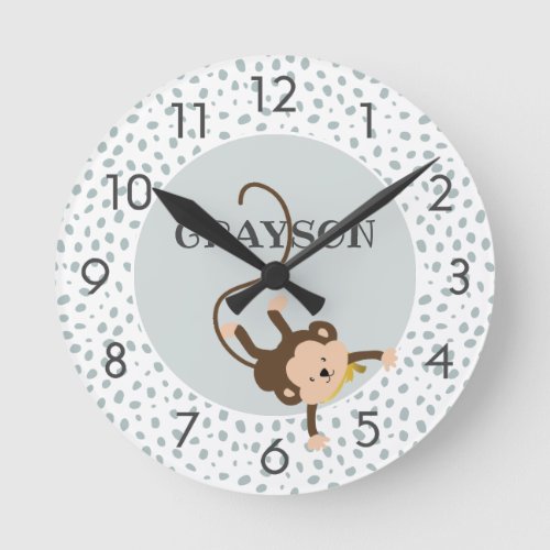 Safari Monkey Gray Personalized Round Clock