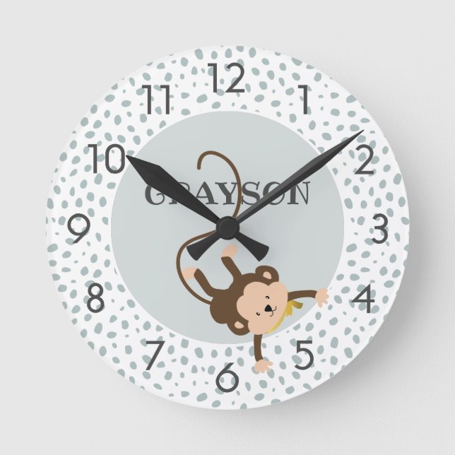 Safari Monkey Gray Personalized Round Clock (Front)