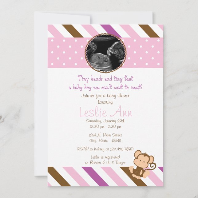 Safari Monkey Photo Pinks Baby Shower Invitation (Front)