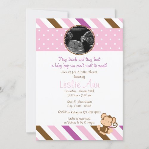 Safari Monkey Photo Pinks Baby Shower Invitation