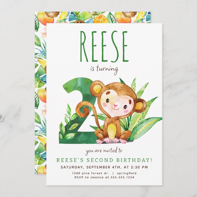 Safari Monkey Second Birthday Invitation (Front/Back)