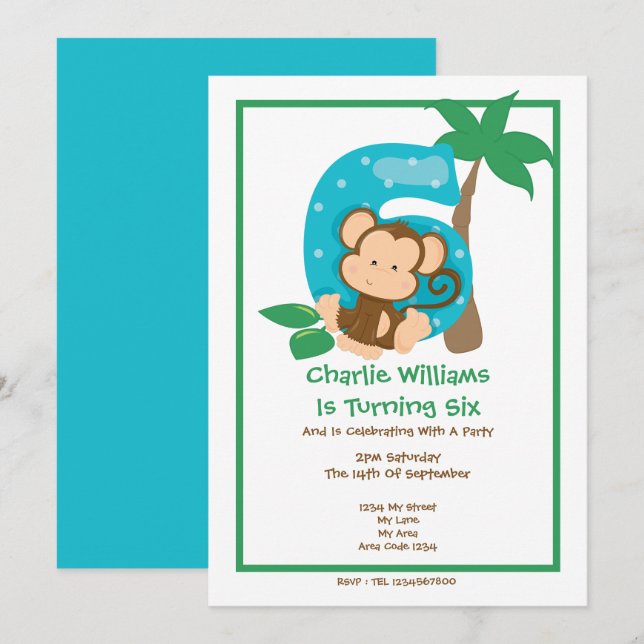 Safari Monkey Sixth Birthday Party Invitation (Front/Back)