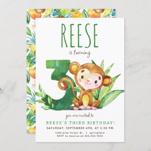 Safari Monkey Third Birthday Invitation