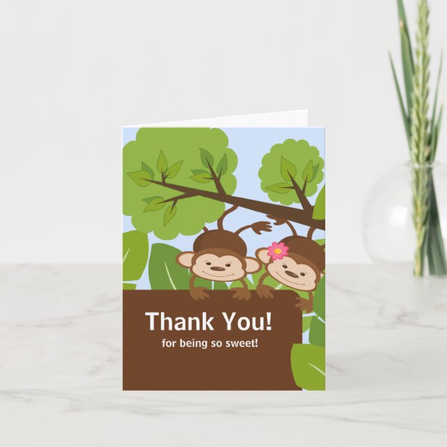 Safari Monkey Twins Baby Shower Thank You Card (Front)