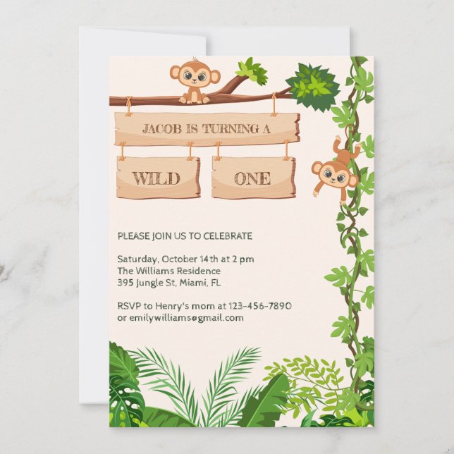 Safari Monkey Wild One Boys 1st Birthday Invitation (Front)