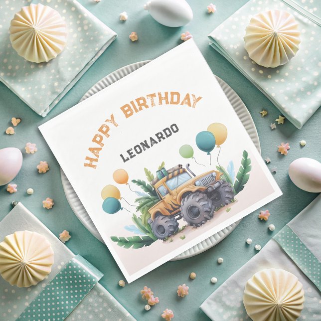 Safari Monster Truck With Balloons Happy Birthday Napkins (Creator Uploaded)
