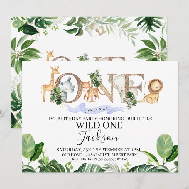 Safari One Boys Birthday Invitation (Front/Back)