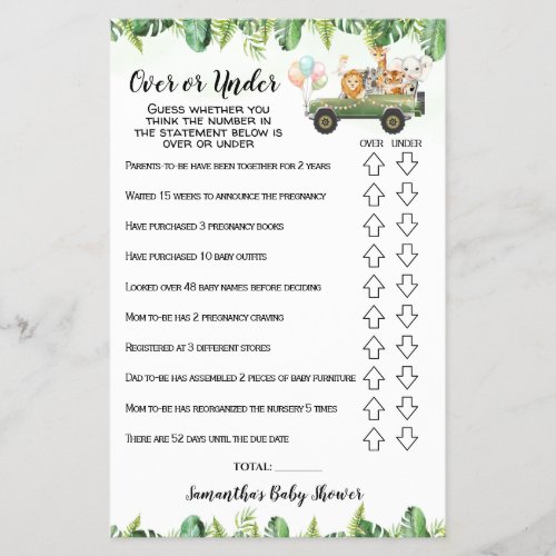 Safari Over or Under Baby Shower Game card Flyer