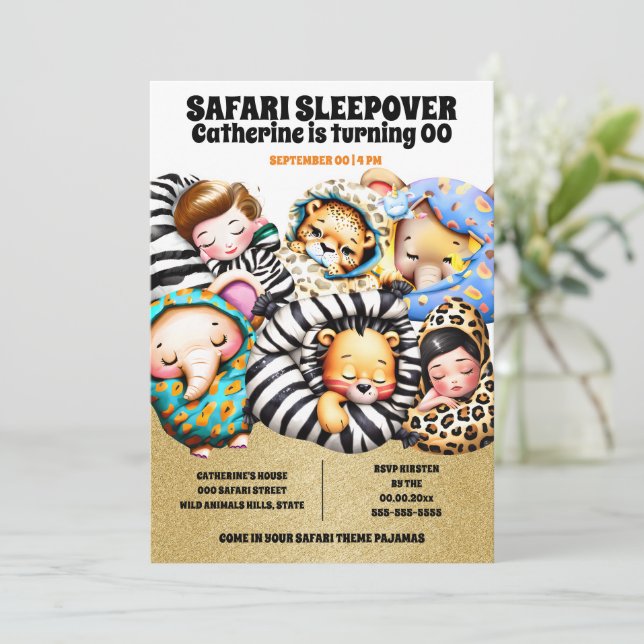 Safari pajama wild animals sleepover slumber party invitation (Standing Front)
